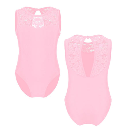 Kids Teens Sleeveless Lace Splice Professional Cotton Ballet Leotard